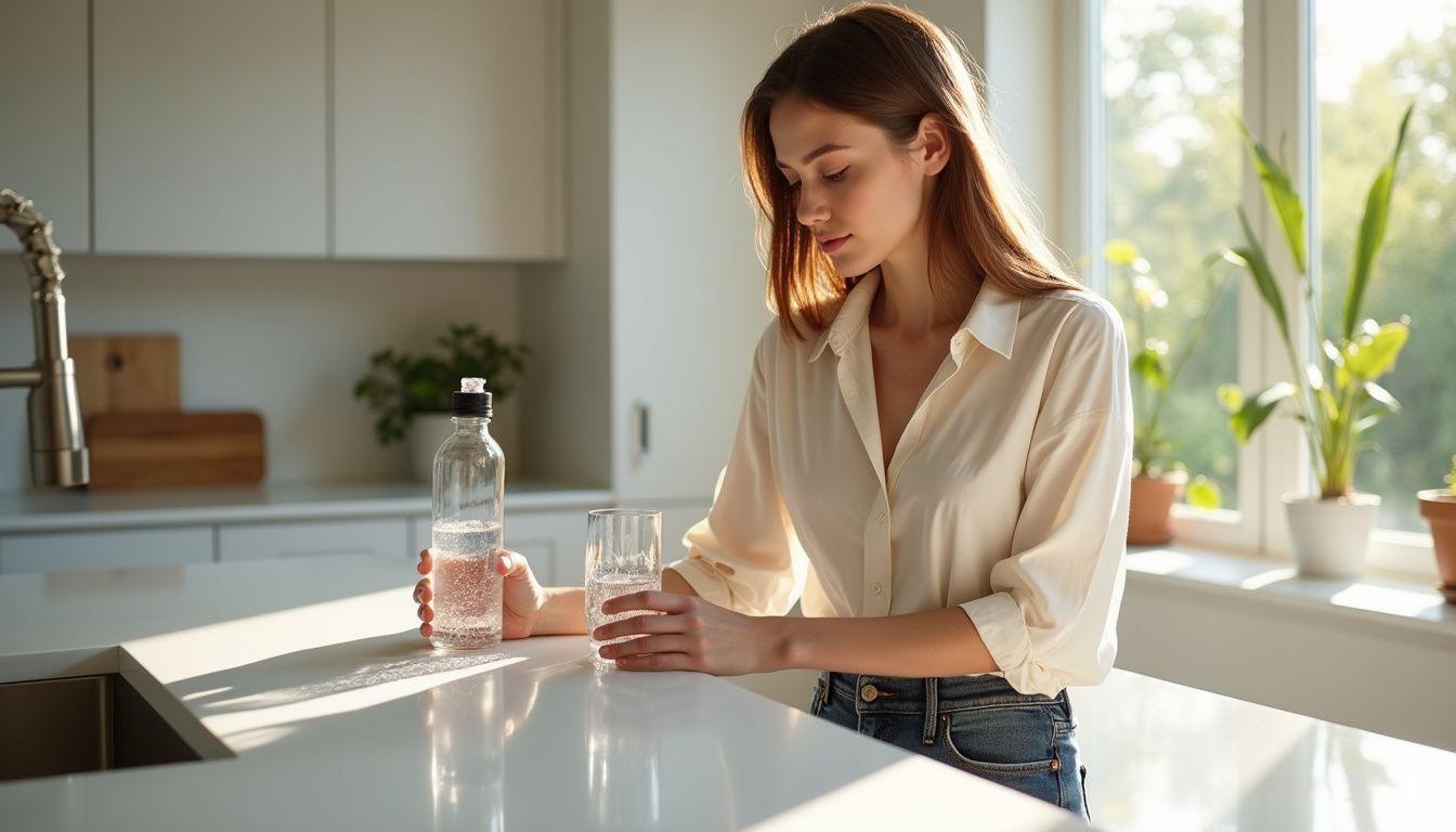 A woman pours water into a glass at a modern kitchen island.