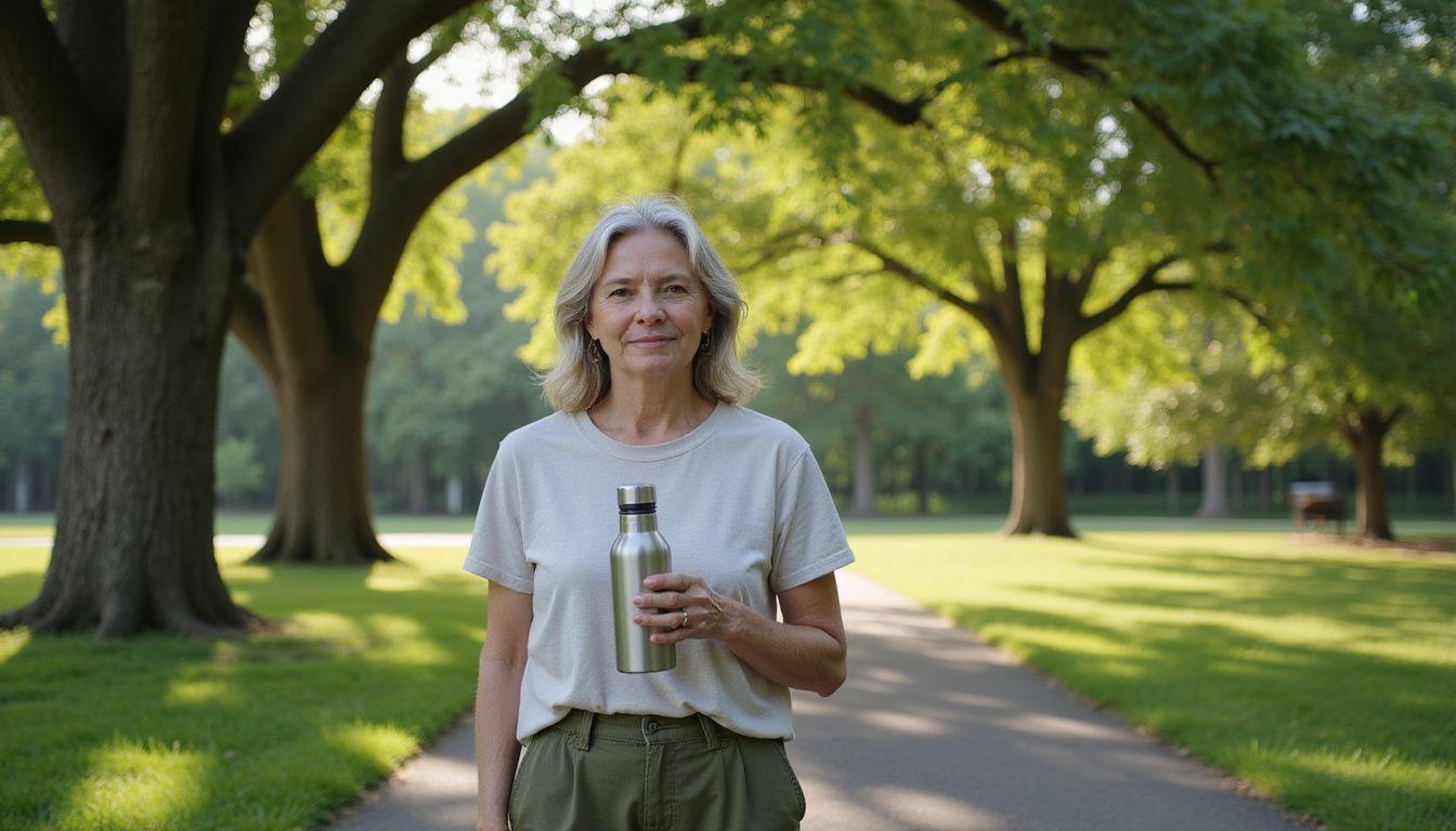 An older woman enjoys a serene moment in a park.
