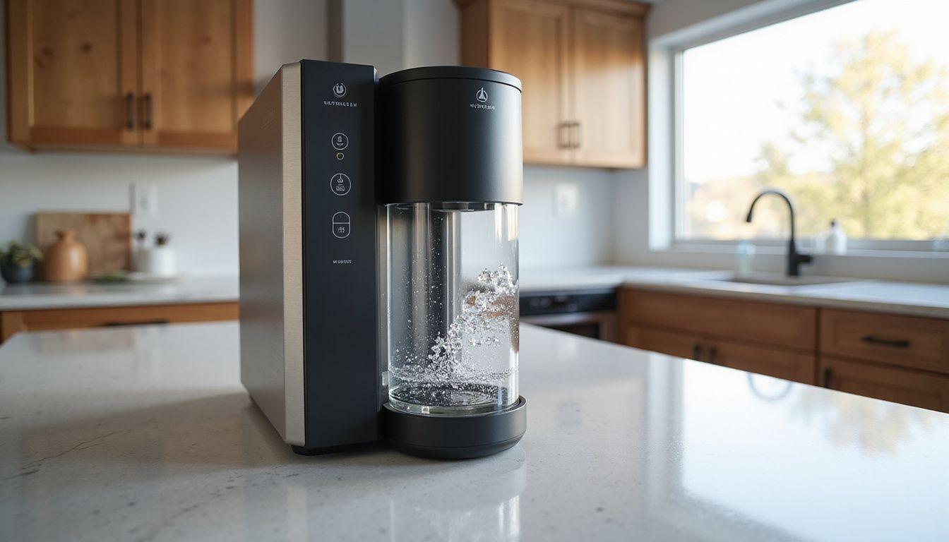 A sleek hydrogen water machine creates bubbles in clear water.