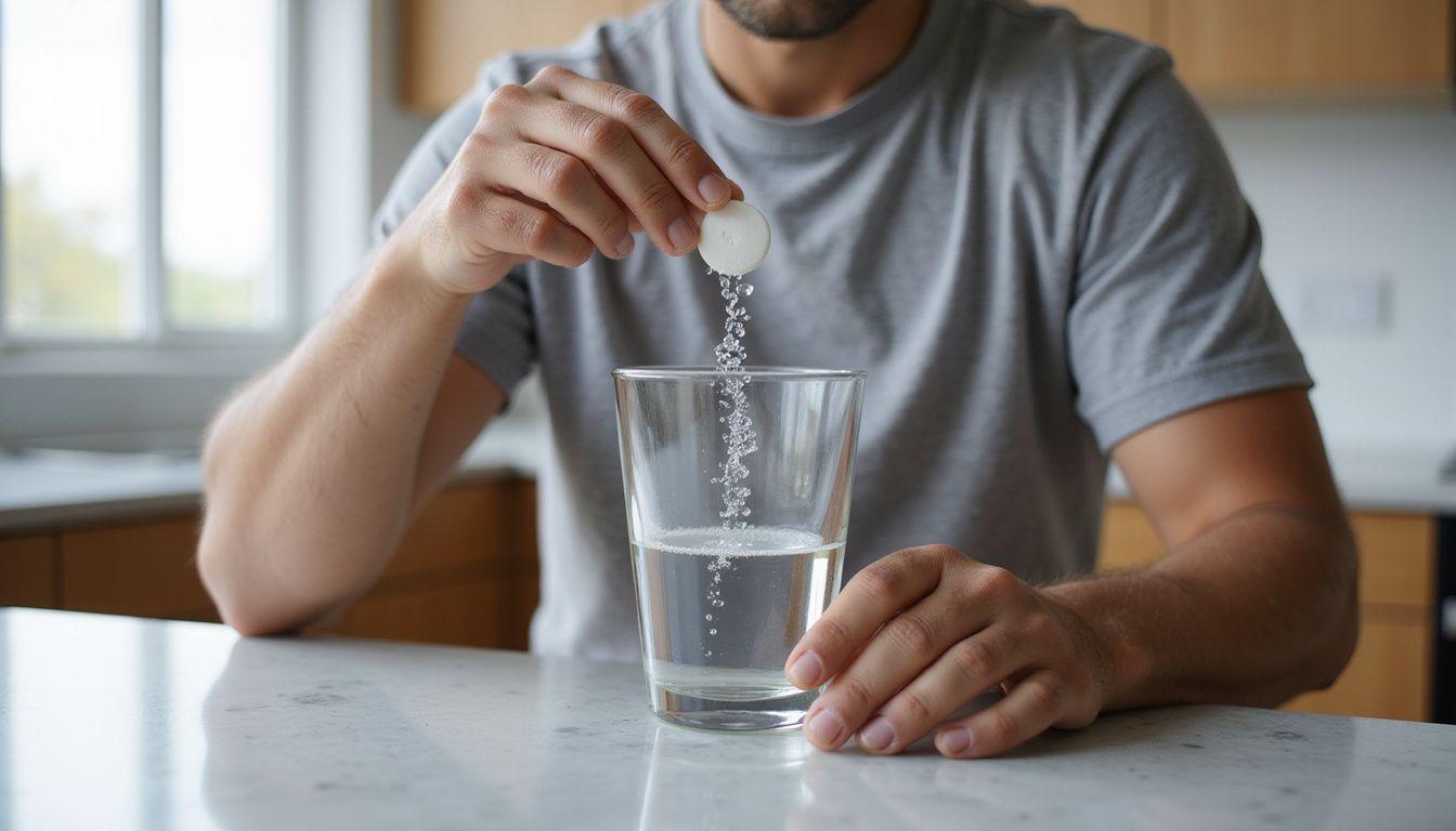 A person holds a hydrogen tablet above a glass of water.