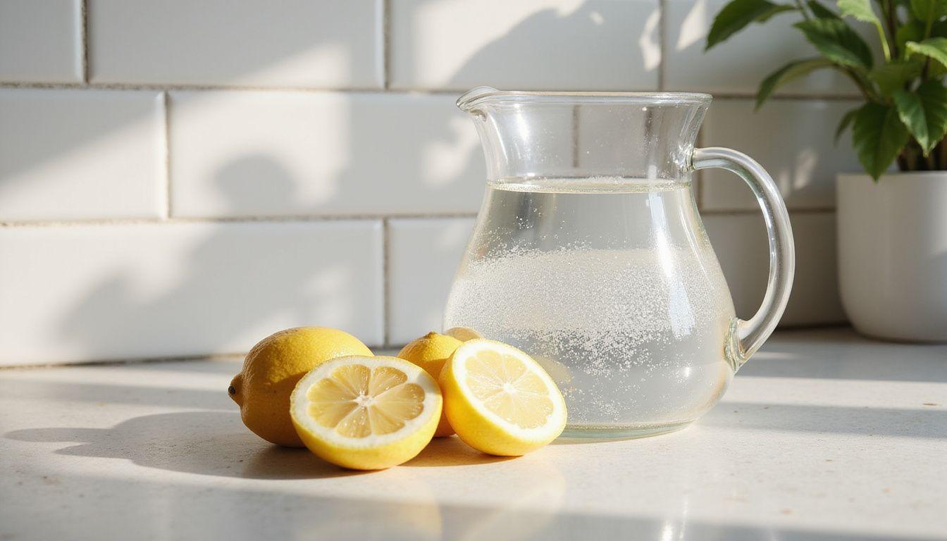 A quartz kitchen counter displays hydrogen-infused water and fresh lemon slices.