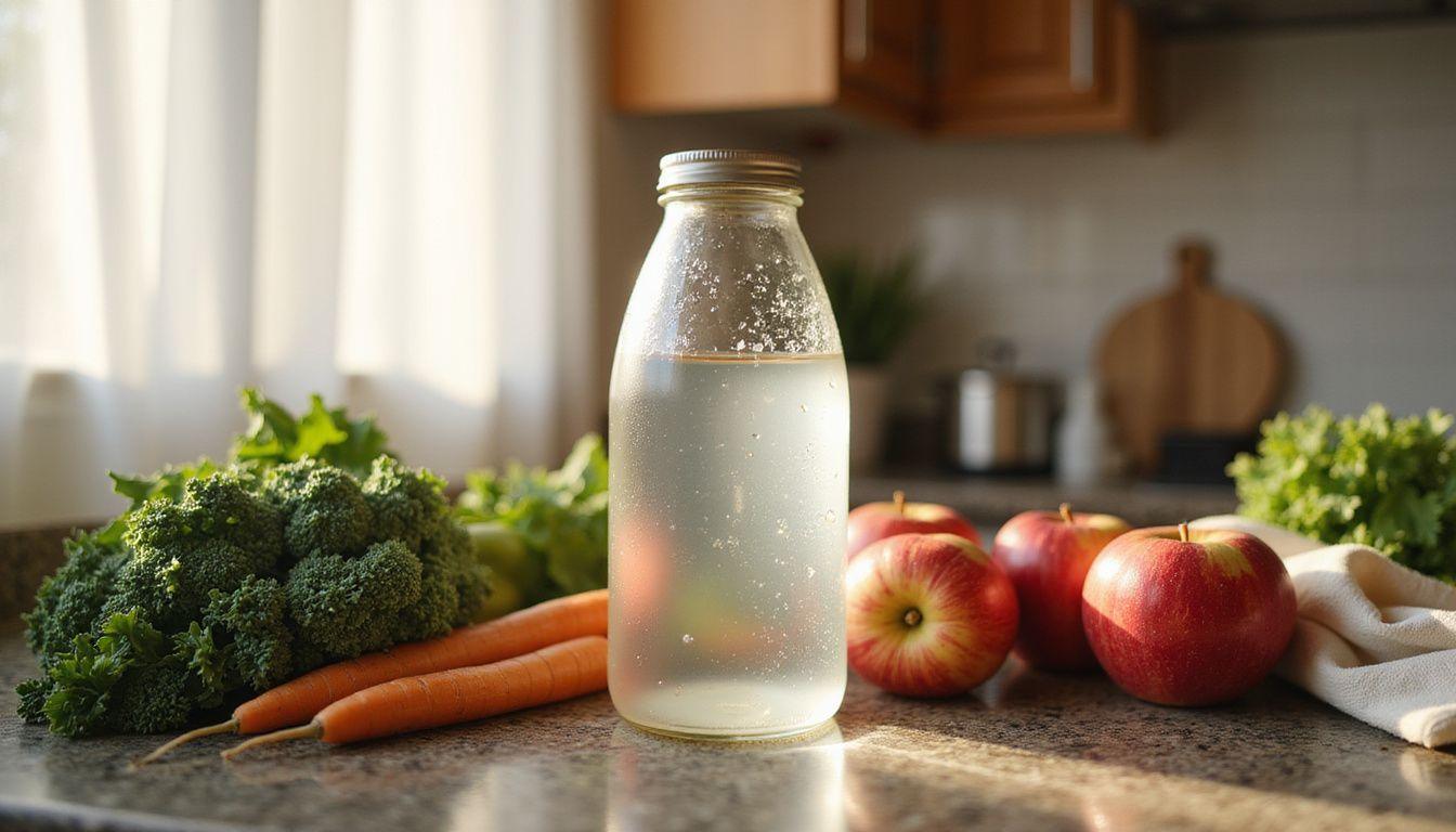 A transparent hydrogen water bottle surrounded by fresh produce on granite.