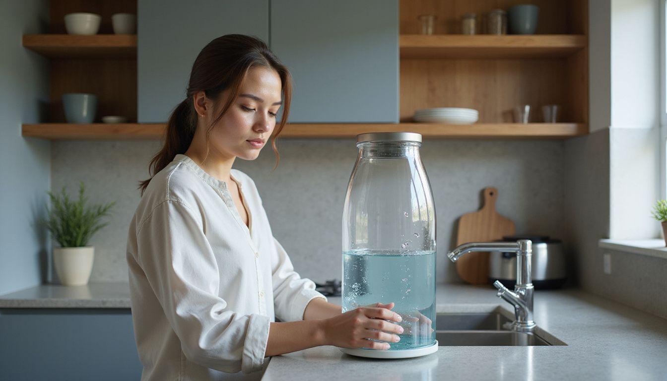 A person operates a sleek electrolysis machine in a minimalist kitchen.