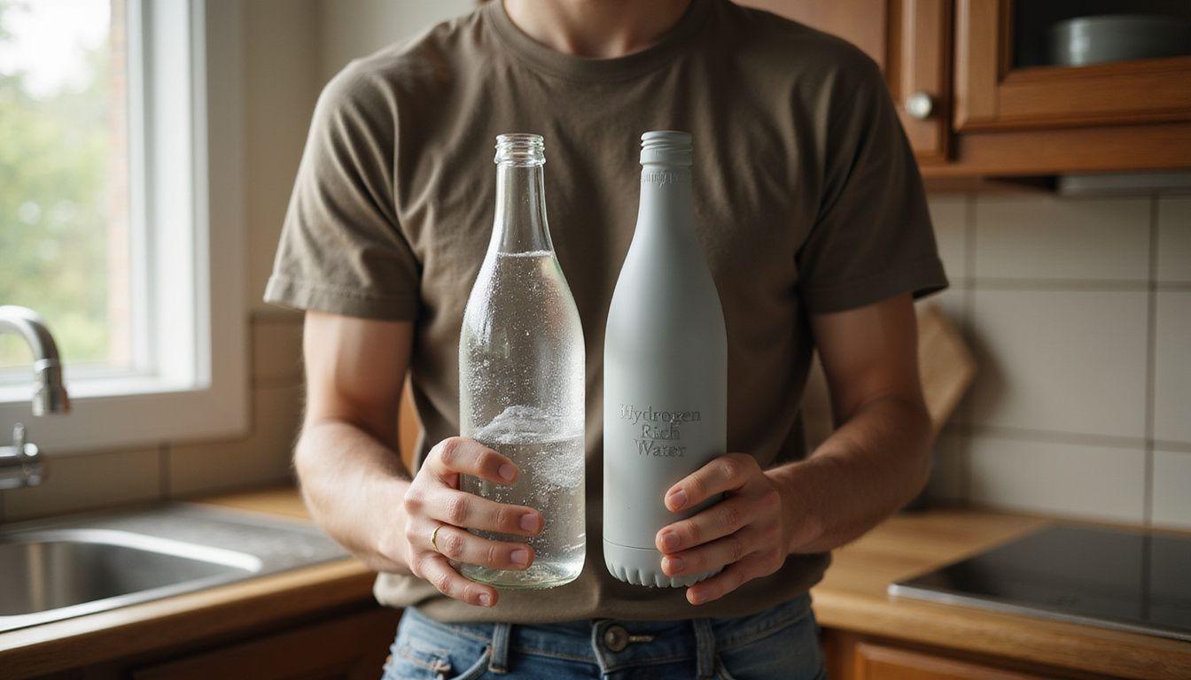 A person in a kitchen contrasts regular and hydrogen-rich water bottles.