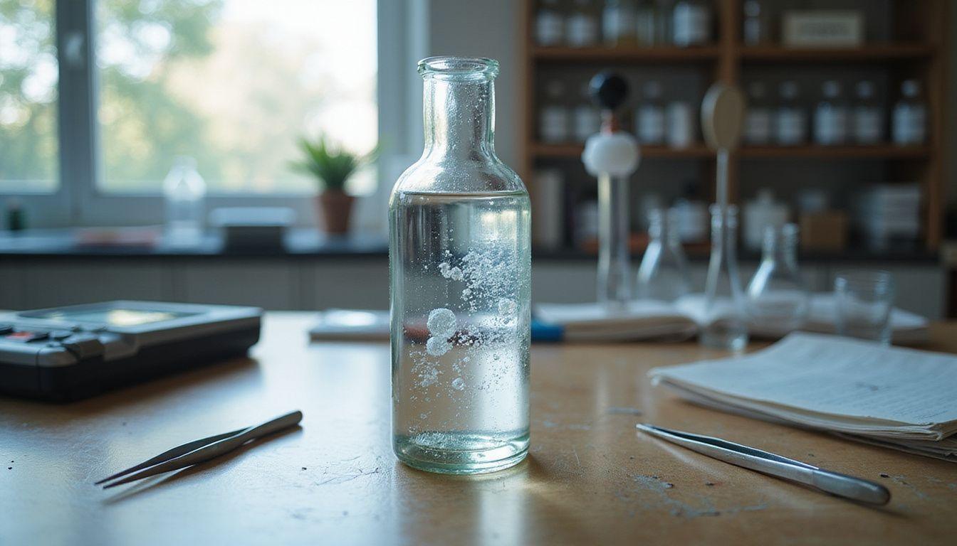 A glass bottle with hydrogen bubbles sits on a cluttered lab table.