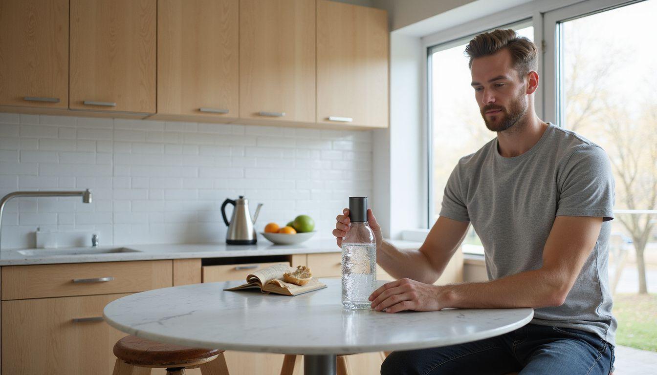 A man uses a portable hydrogen water generator in a modern kitchen.