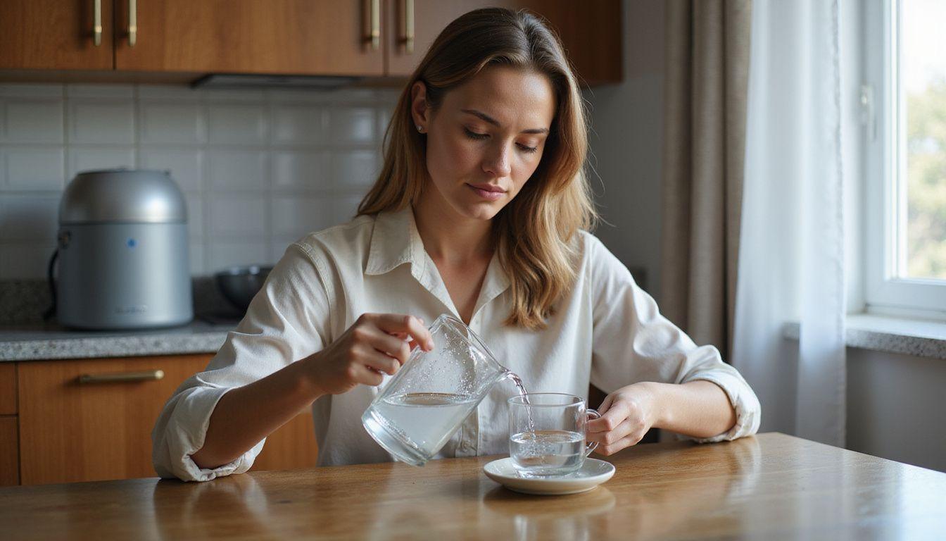 A woman pours hydrogen-infused water at a kitchen table.