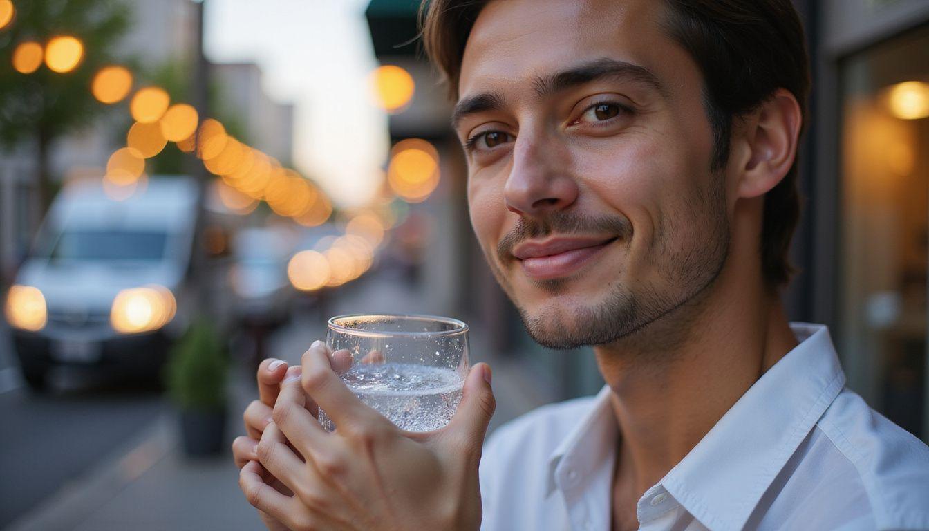 A relaxed person enjoys effervescent hydrogen water in an urban setting.