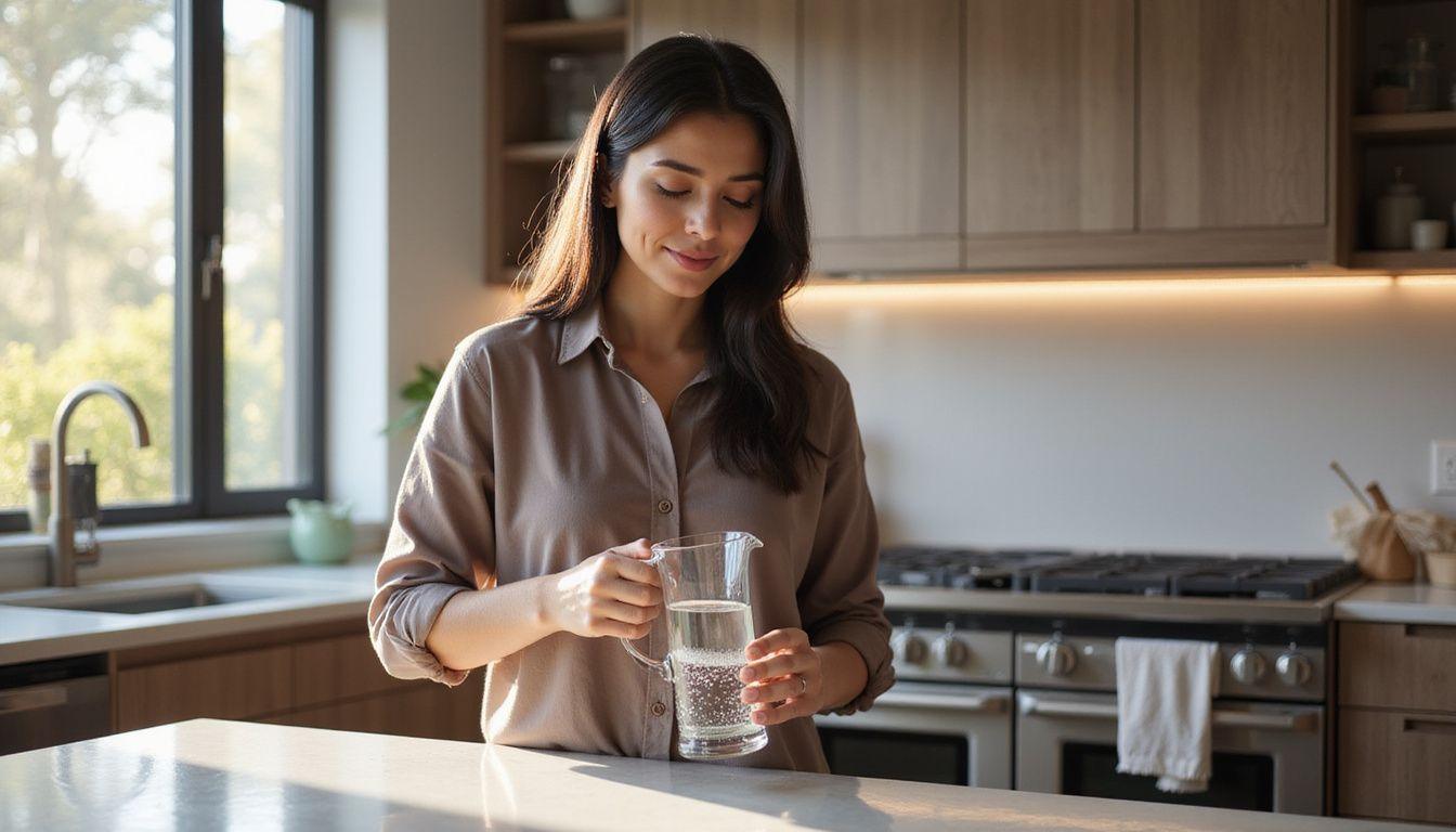 A woman pours hydrogen water in a modern kitchen setting.
