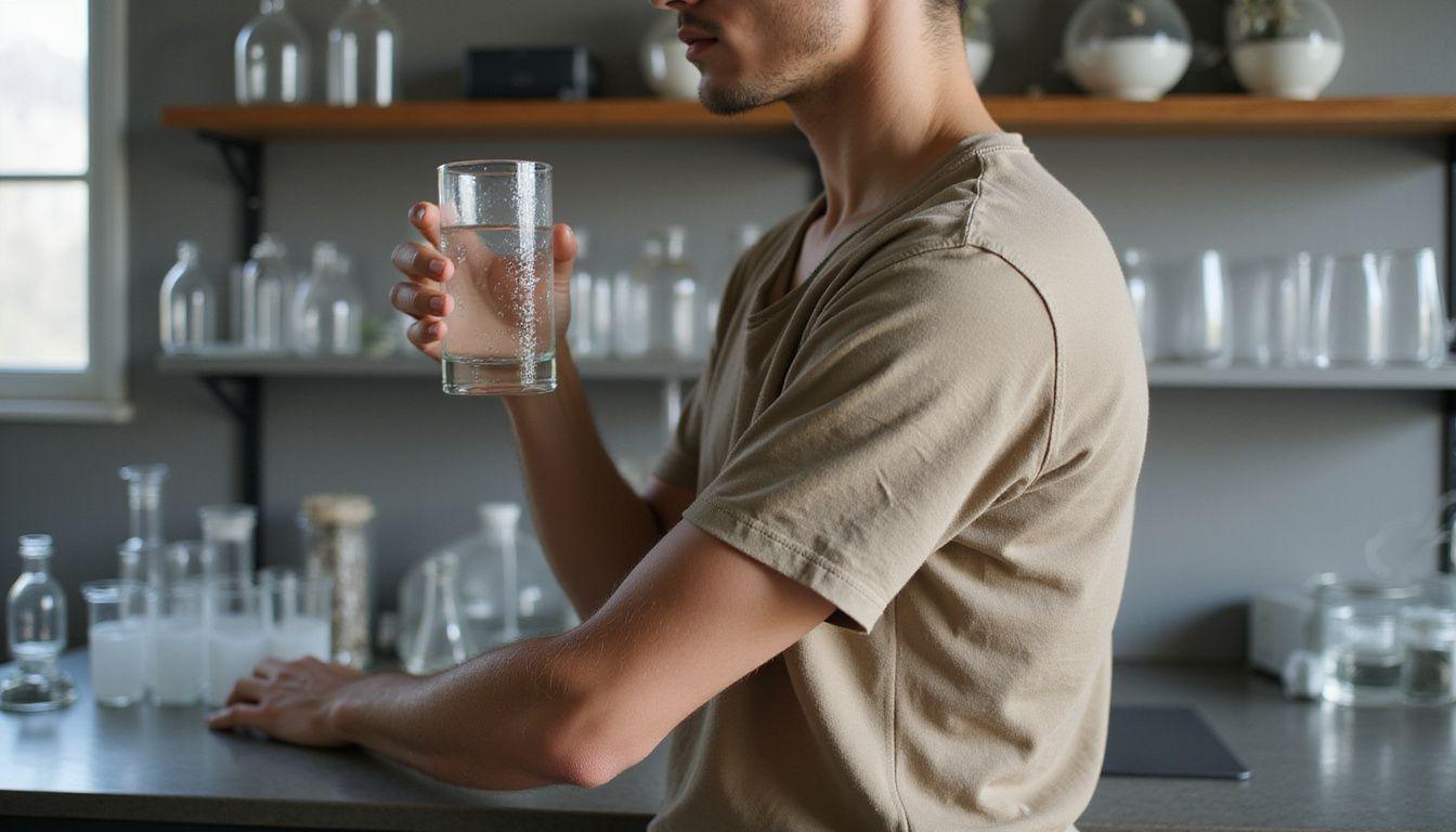 Person holding hydrogen water in a scientifically arranged lab setting.