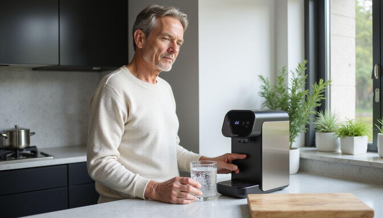 A middle-aged person uses a hydrogen water device in a modern kitchen.