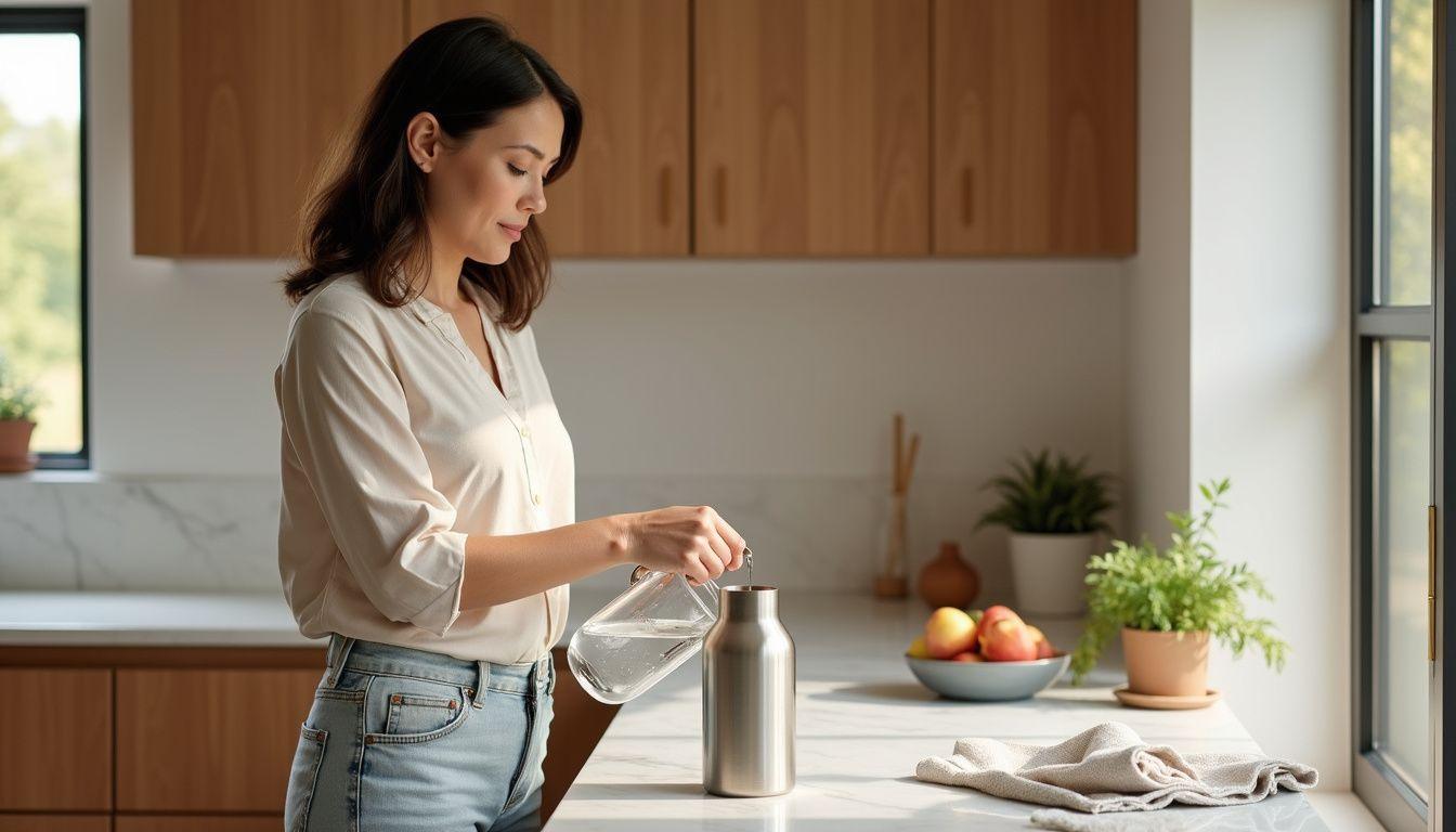A middle-aged woman pours water into a sleek hydrogen bottle.