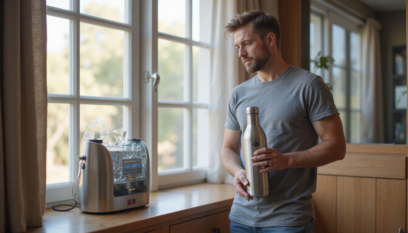 An adult stands indoors with a stainless steel hydrogen water bottle.