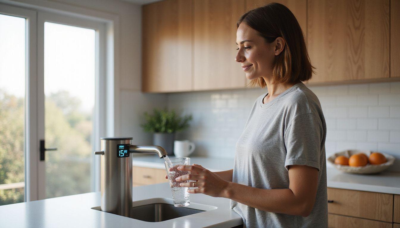 A woman pours water in a stylish, minimalistic kitchen.