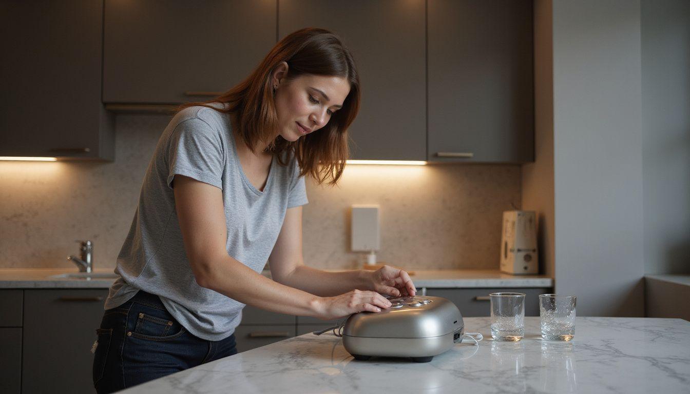A woman operates an electrolysis machine in a modern kitchen.