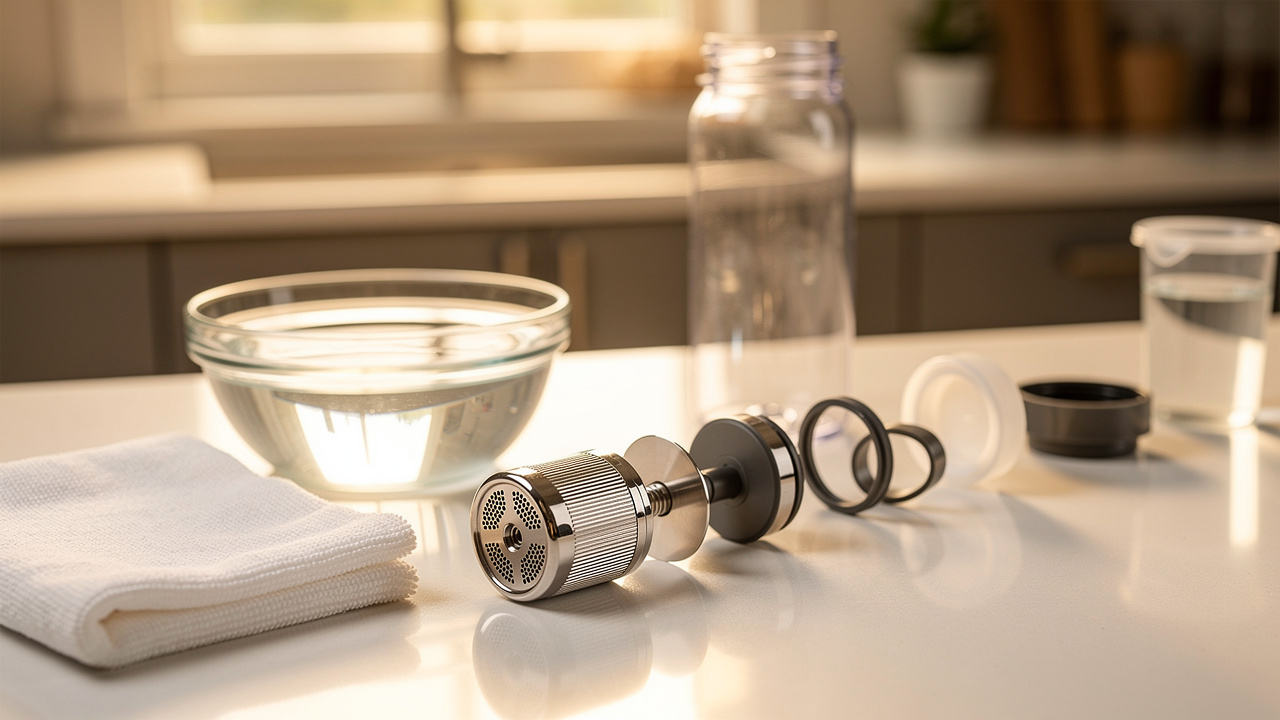 Hydrogen water bottle being cleaned and descaled with vinegar solution - the weekly maintenance routine required to keep electrolysis output consistent over time