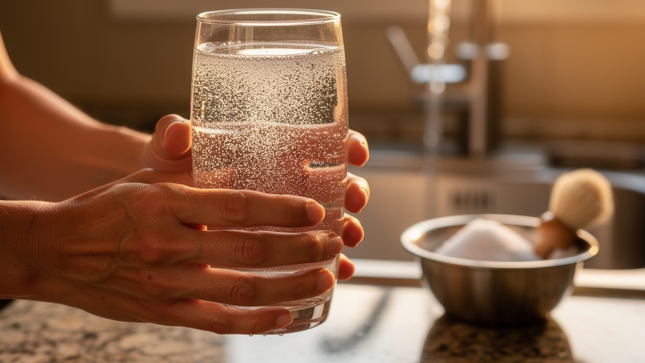 Hands holding a glass of hydrogen-rich water showing visible microbubbles