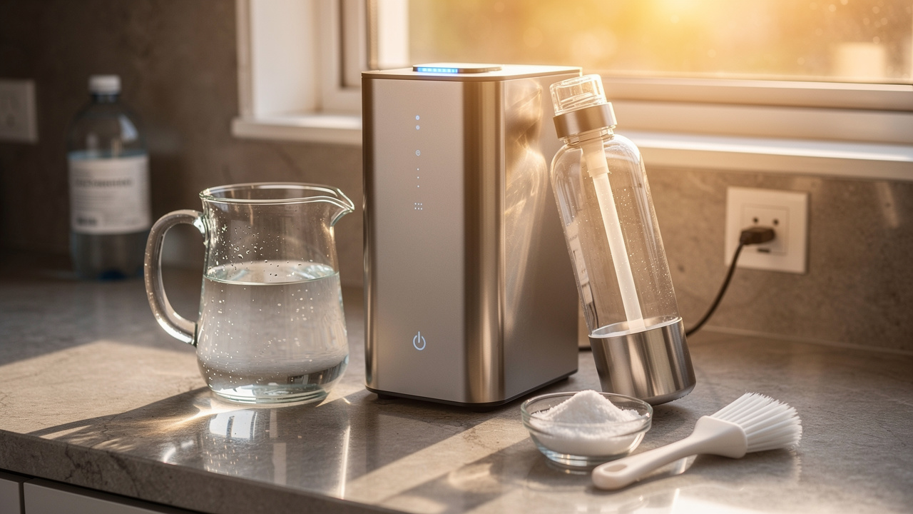 Hydrogen water generator maintenance setup with citric acid cleaning supplies on countertop