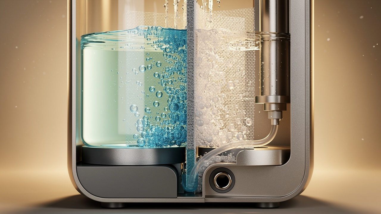 PEM membrane cross-section showing hydrogen and oxygen gas separation in an electrolysis cell