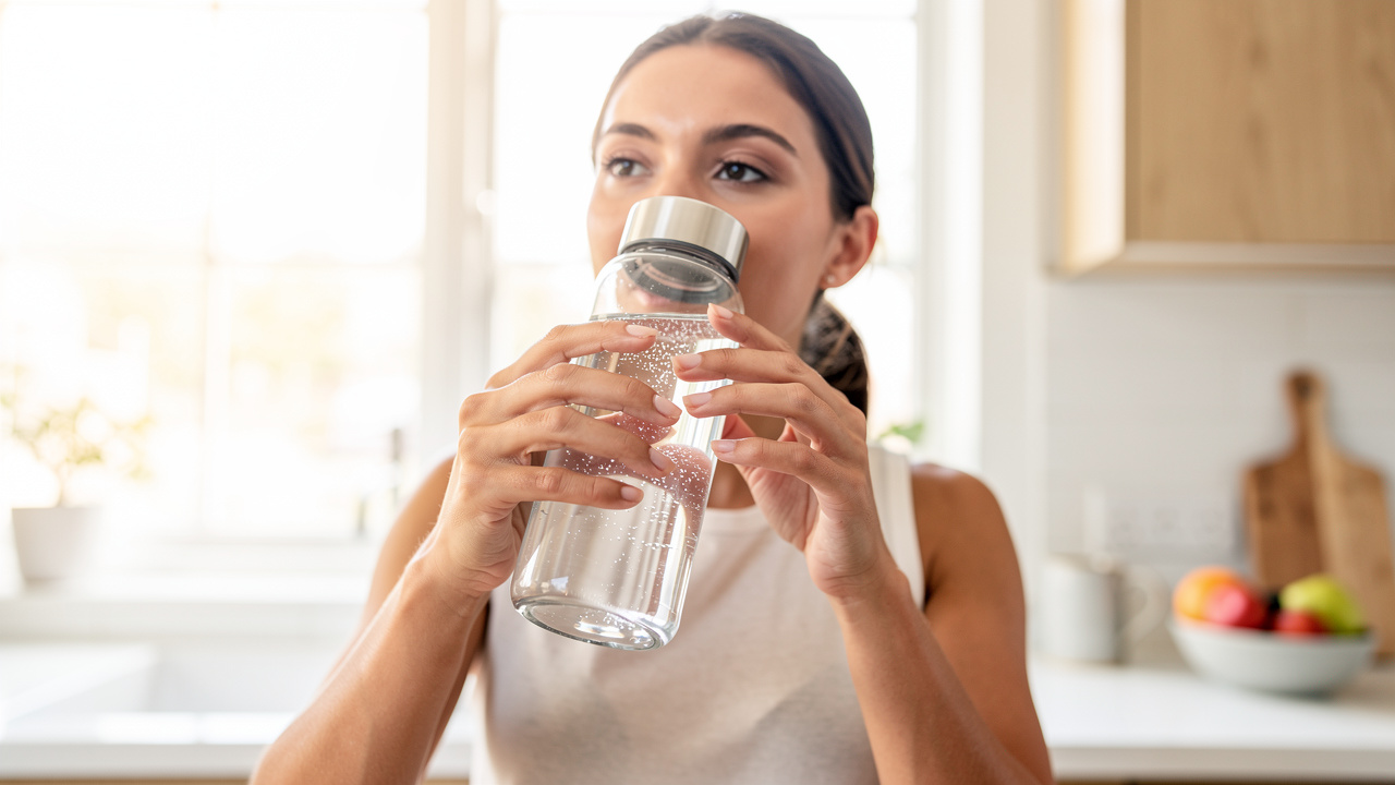 Person drinking hydrogen water from glass bottle in kitchen — proper use after cycle completion