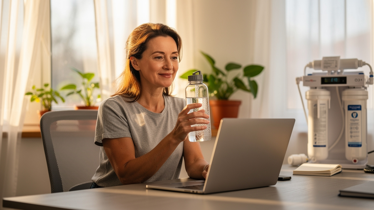 Woman using a portable hydrogen water bottle at her home office desk - everyday daily-use scenario for the Echo Go+