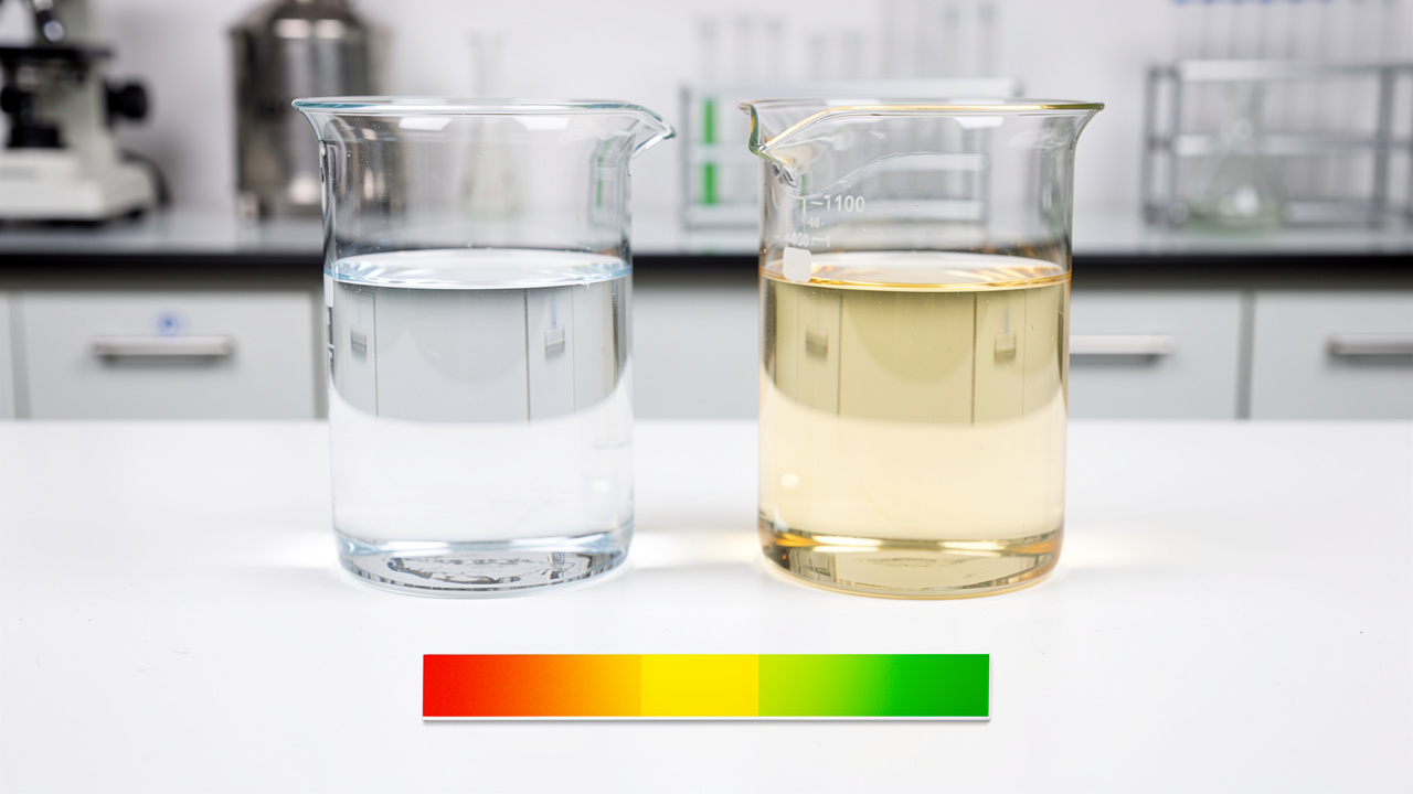 Two laboratory beakers side by side showing neutral water and acidic solution with pH indicator