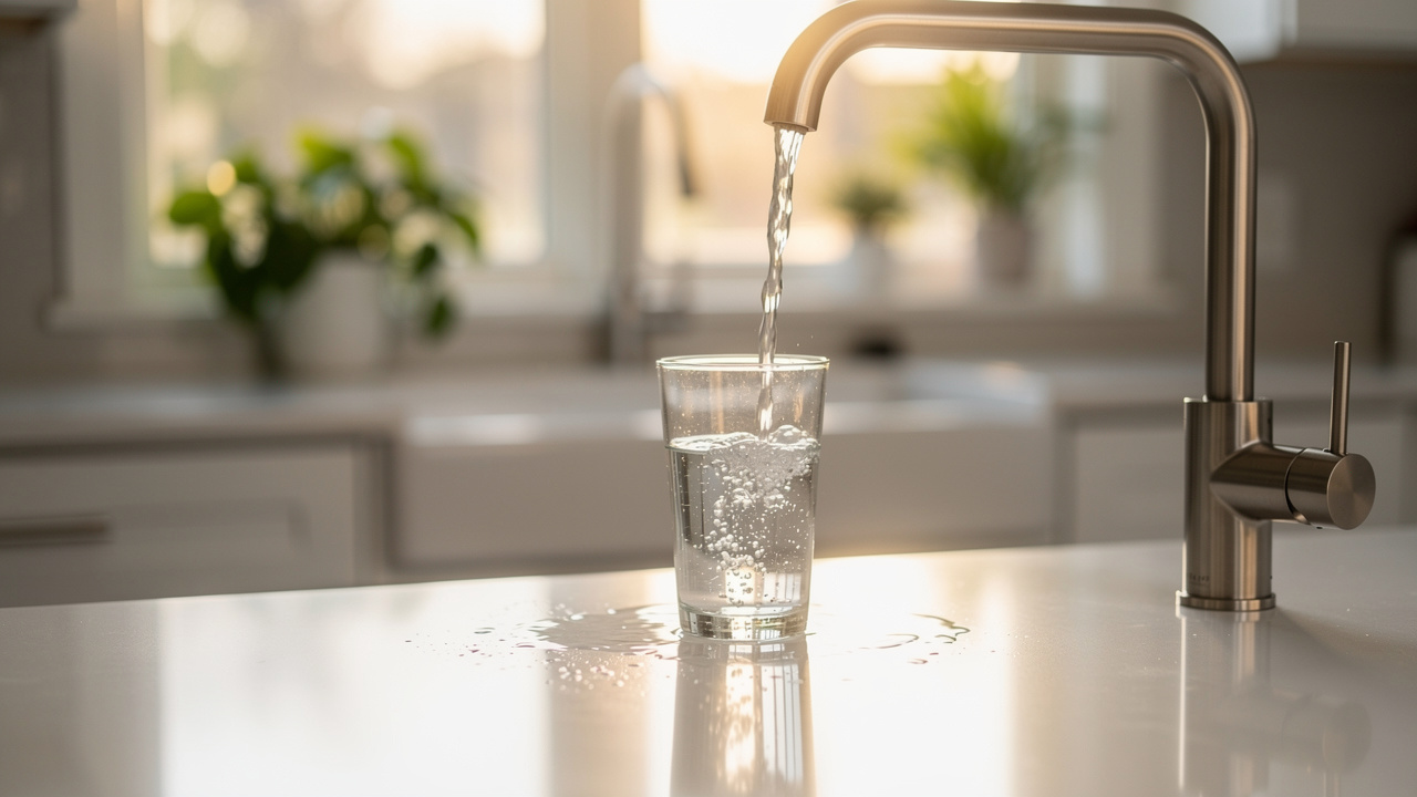 Clean tap water flowing from kitchen faucet into clear drinking glass in bright modern kitchen