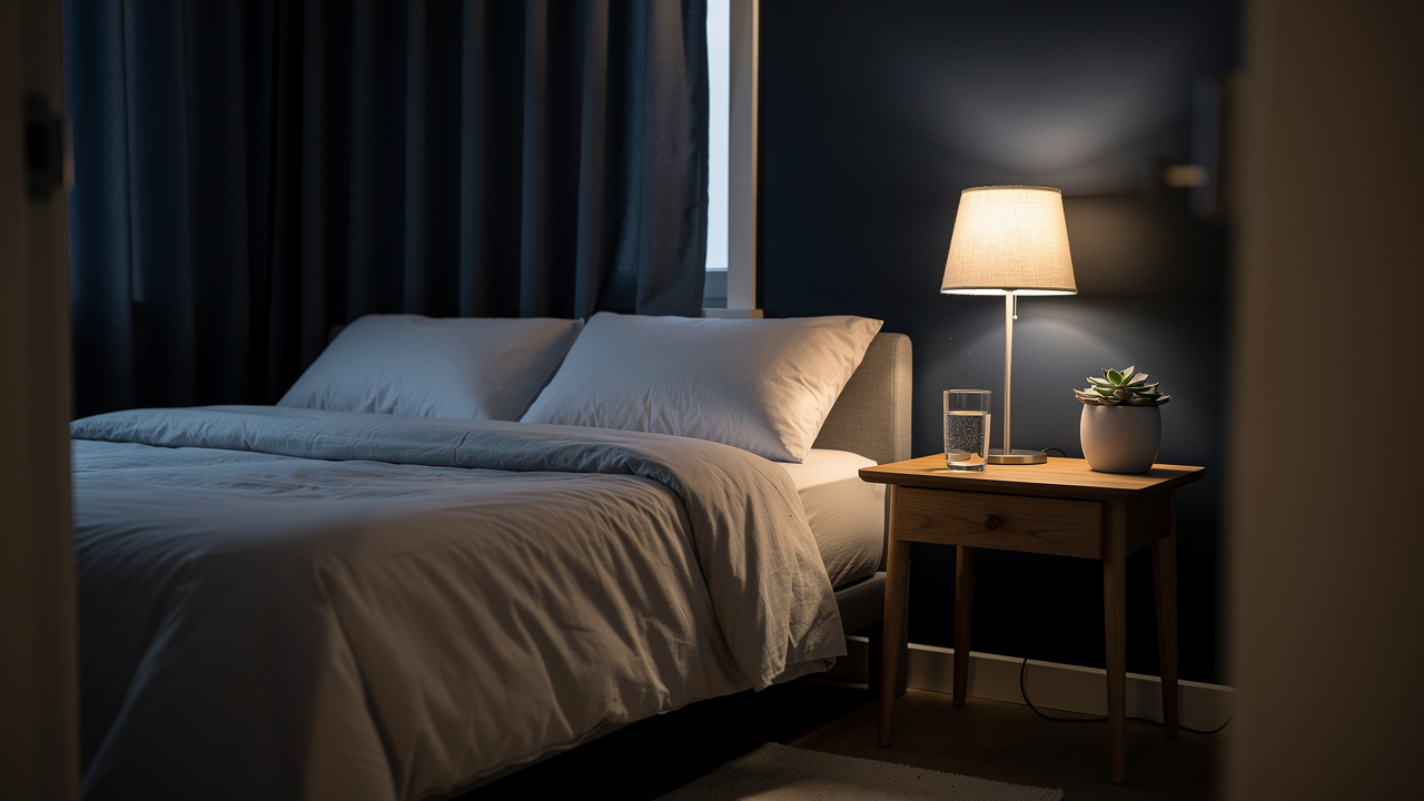 A calm, clutter-free bedroom set up for restful sleep at night