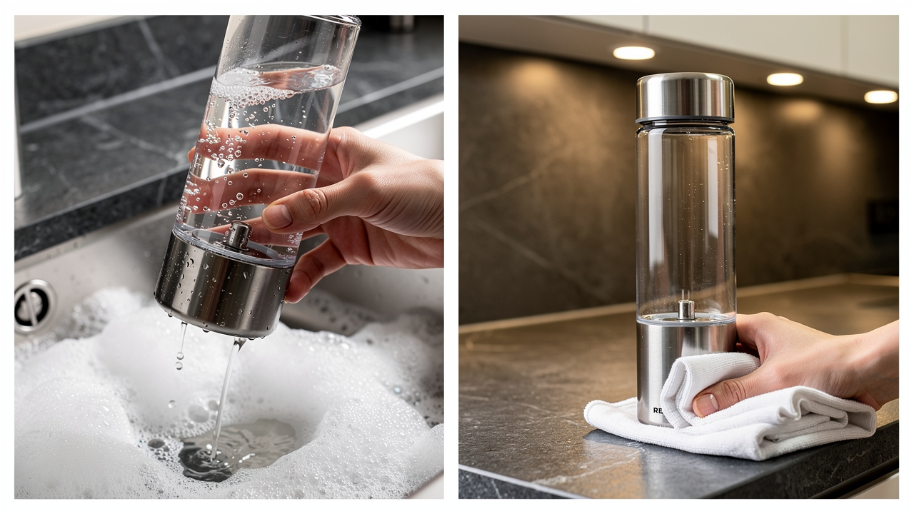 Correct versus incorrect hydrogen water bottle cleaning techniques side by side
