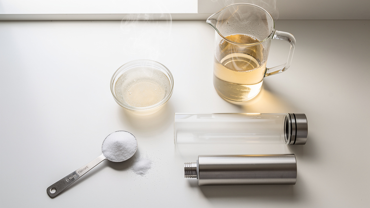 Citric acid descaling supplies and disassembled hydrogen water bottle on flat surface
