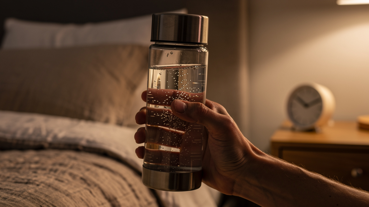 Person holding a hydrogen water bottle in a dimly lit bedroom at bedtime