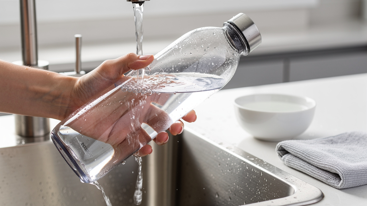 Hydrogen water bottle being cleaned in sink