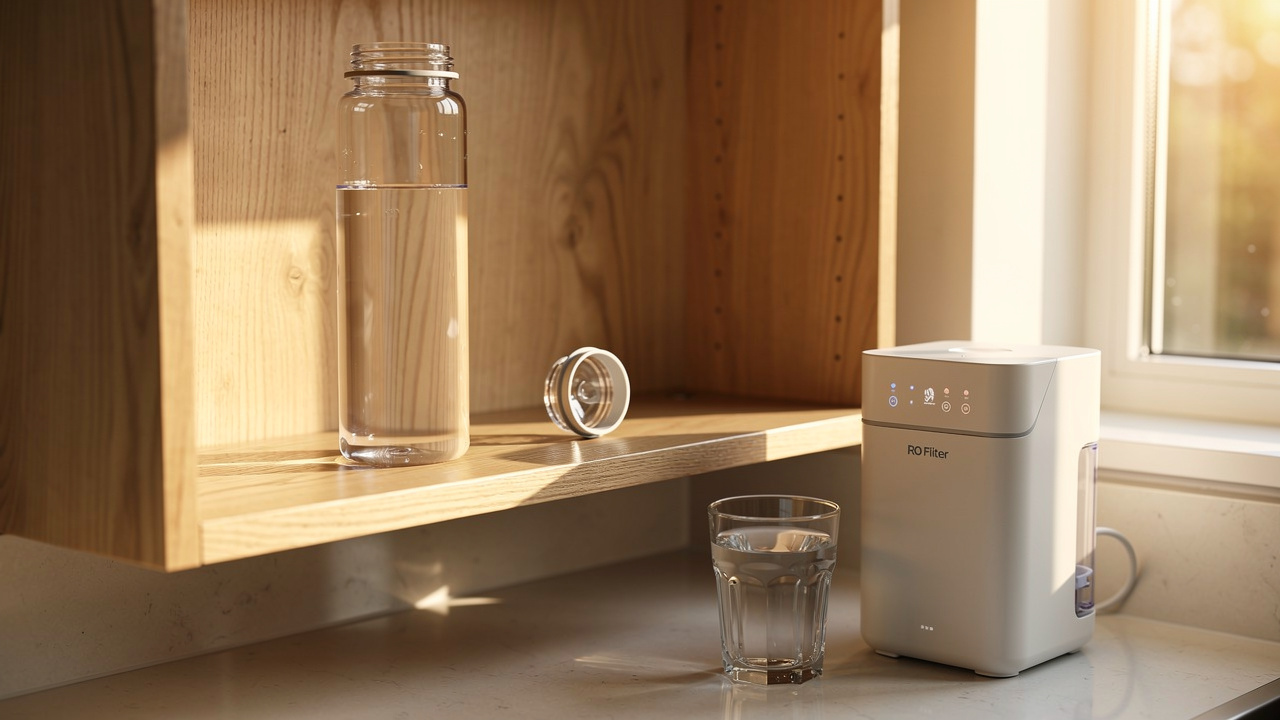 Hydrogen water bottle stored cap-off on kitchen shelf for airflow
