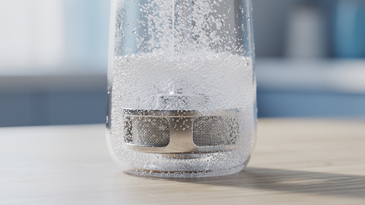 Hydrogen microbubbles rising in electrolysis water bottle