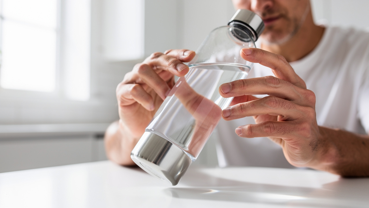 Person inspecting hydrogen water bottle interior for white mineral residue and bubble formation
