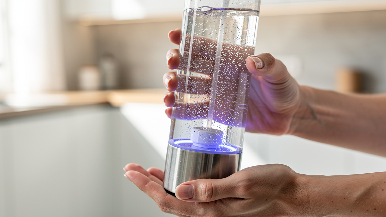 Hands holding a hydrogen water bottle with glowing PEM electrolysis chamber visible through clear body