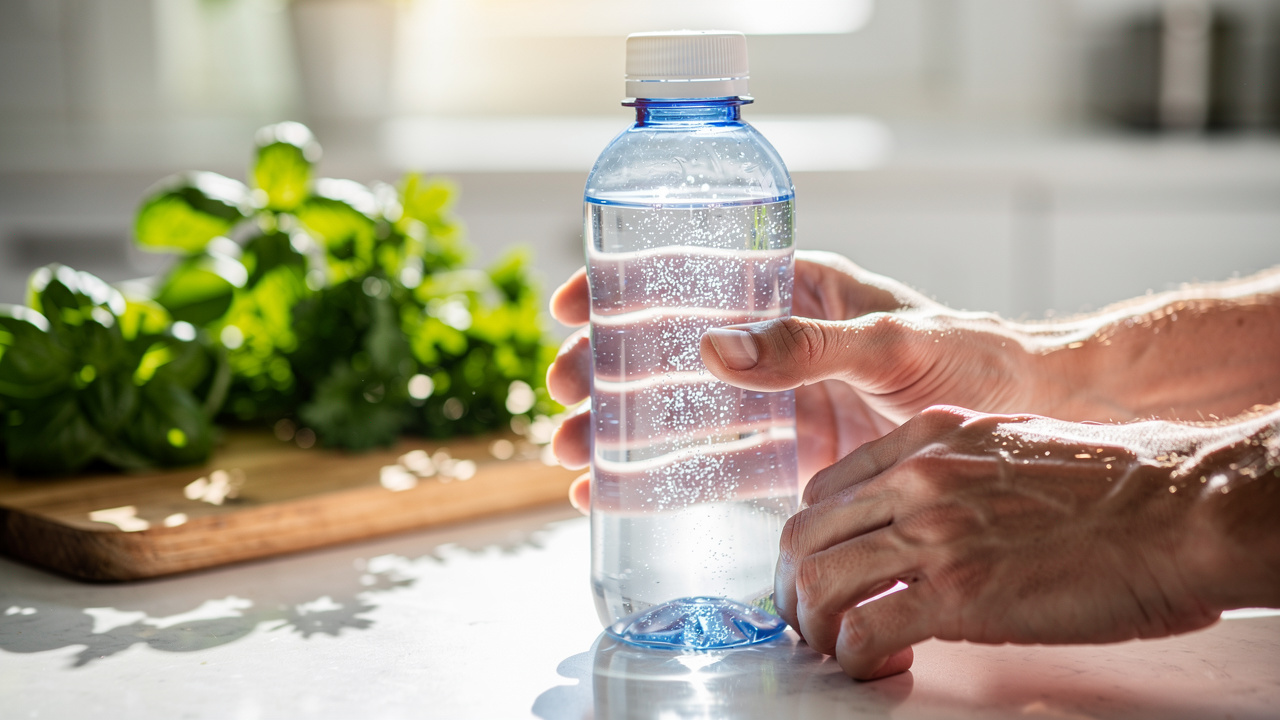 Person holding hydrogen water bottle in kitchen