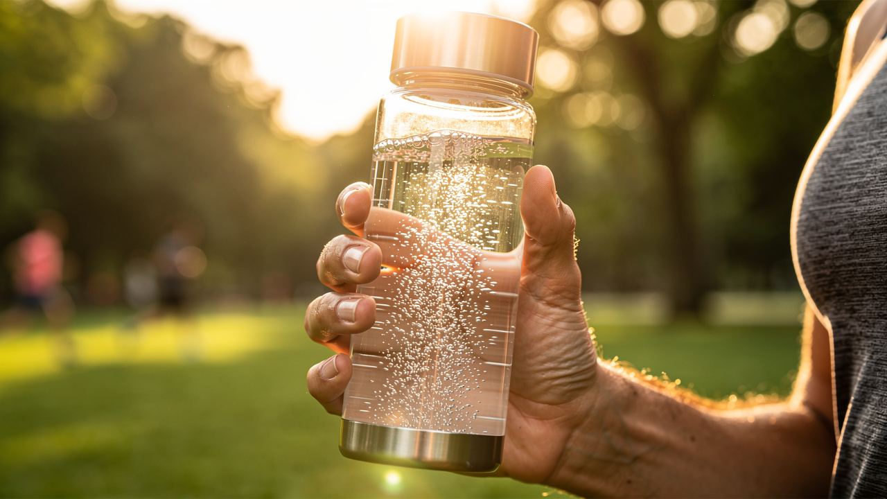 Buyer using portable hydrogen water bottle in everyday use context