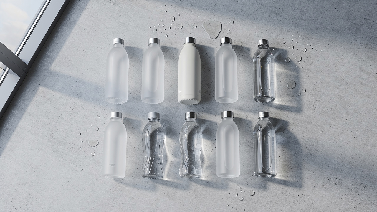 Premium bottled water bottles arranged on concrete surface in overhead flat-lay composition