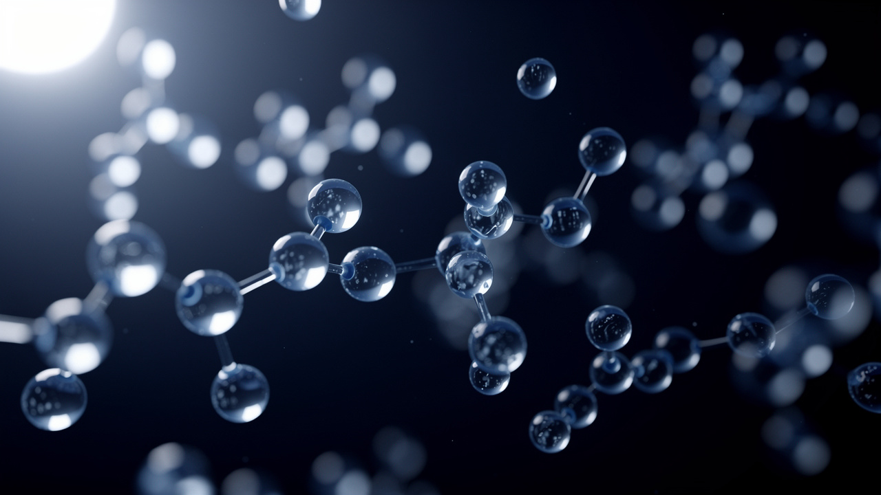 Glowing water molecule clusters illustrating proton transfer between hydronium and hydroxide ions