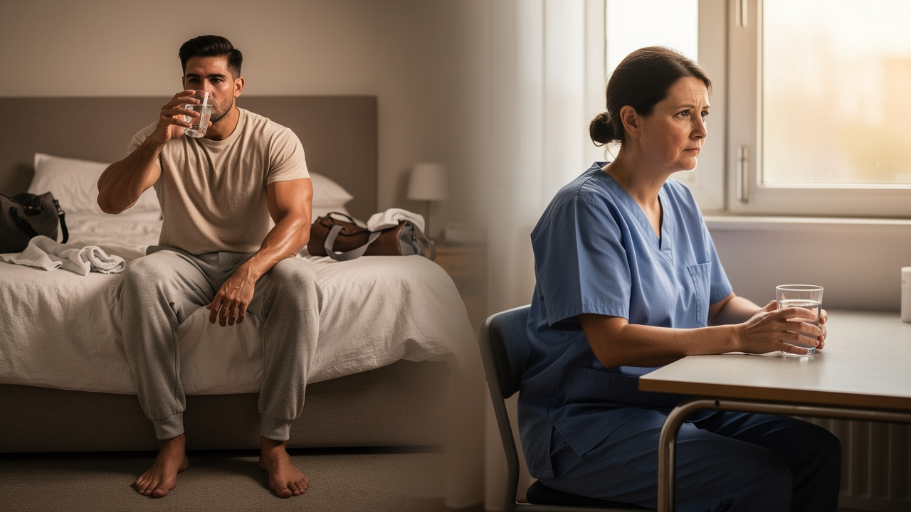 An athlete and a shift worker each holding a glass of water as part of a sleep-support routine