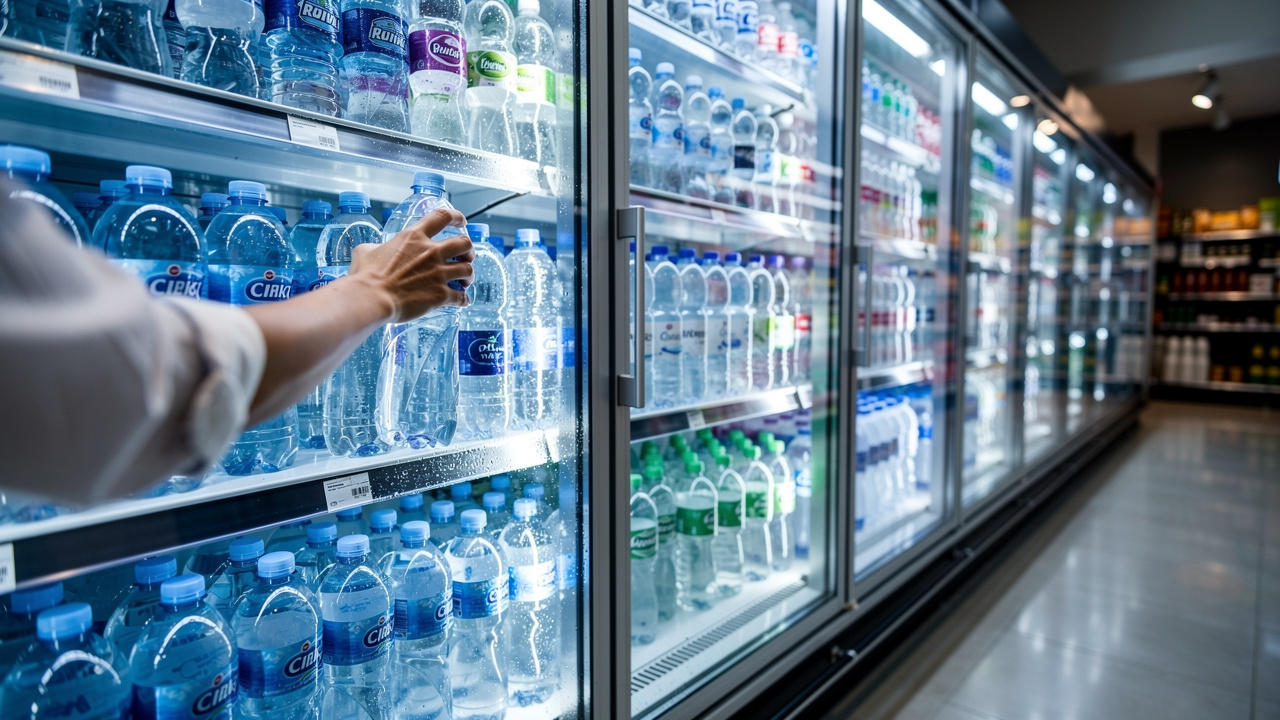 Bottled alkaline water on grocery store shelves