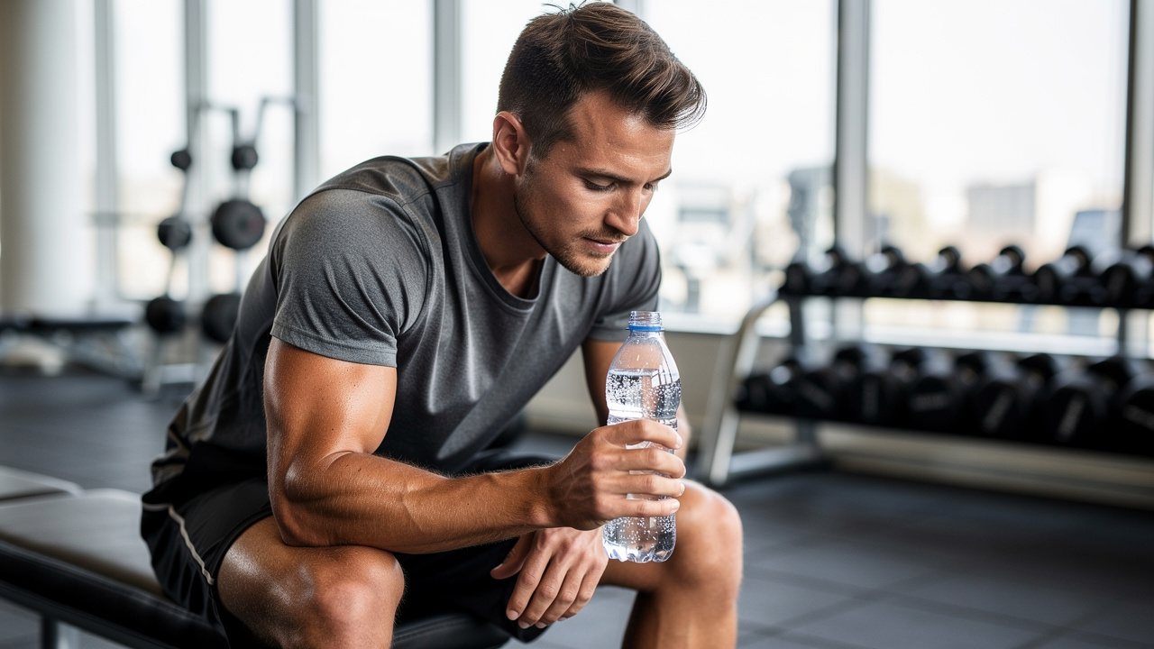 Athlete hydrating with a water bottle between workout sets in a gym