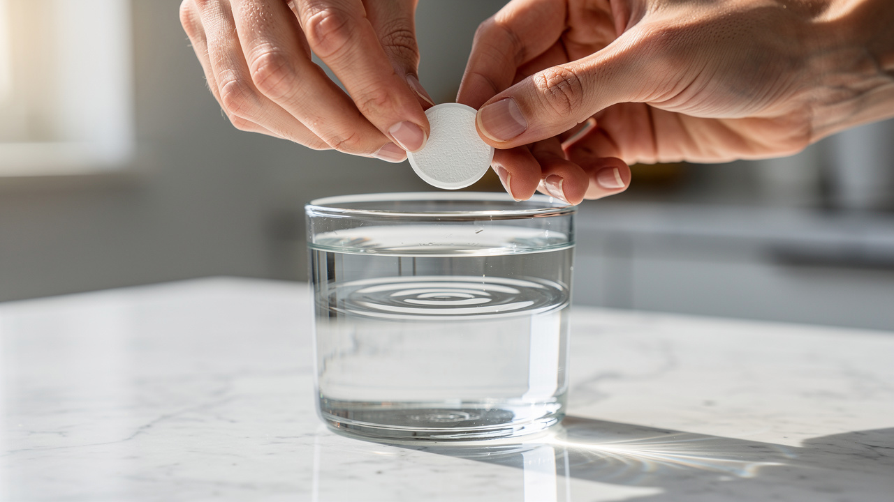 Hands dropping an effervescent hydrogen tablet into a clear glass of water