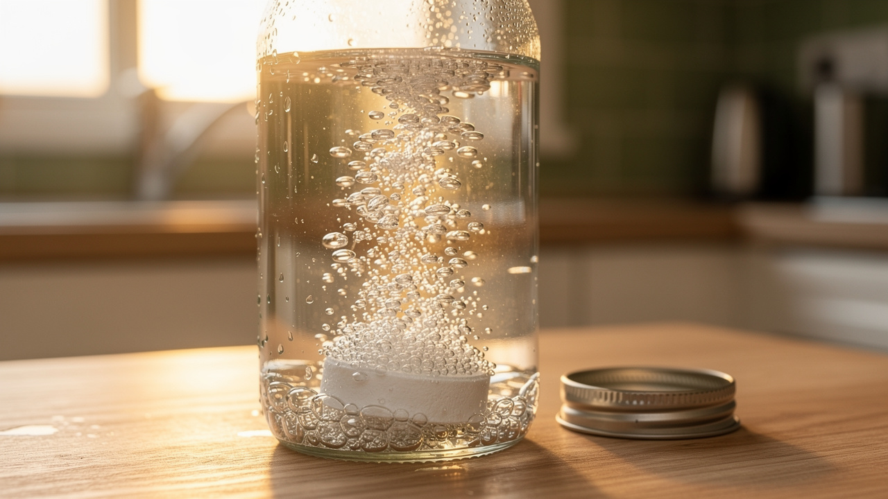 Hydrogen tablet dissolving in a capped bottle with rising bubbles