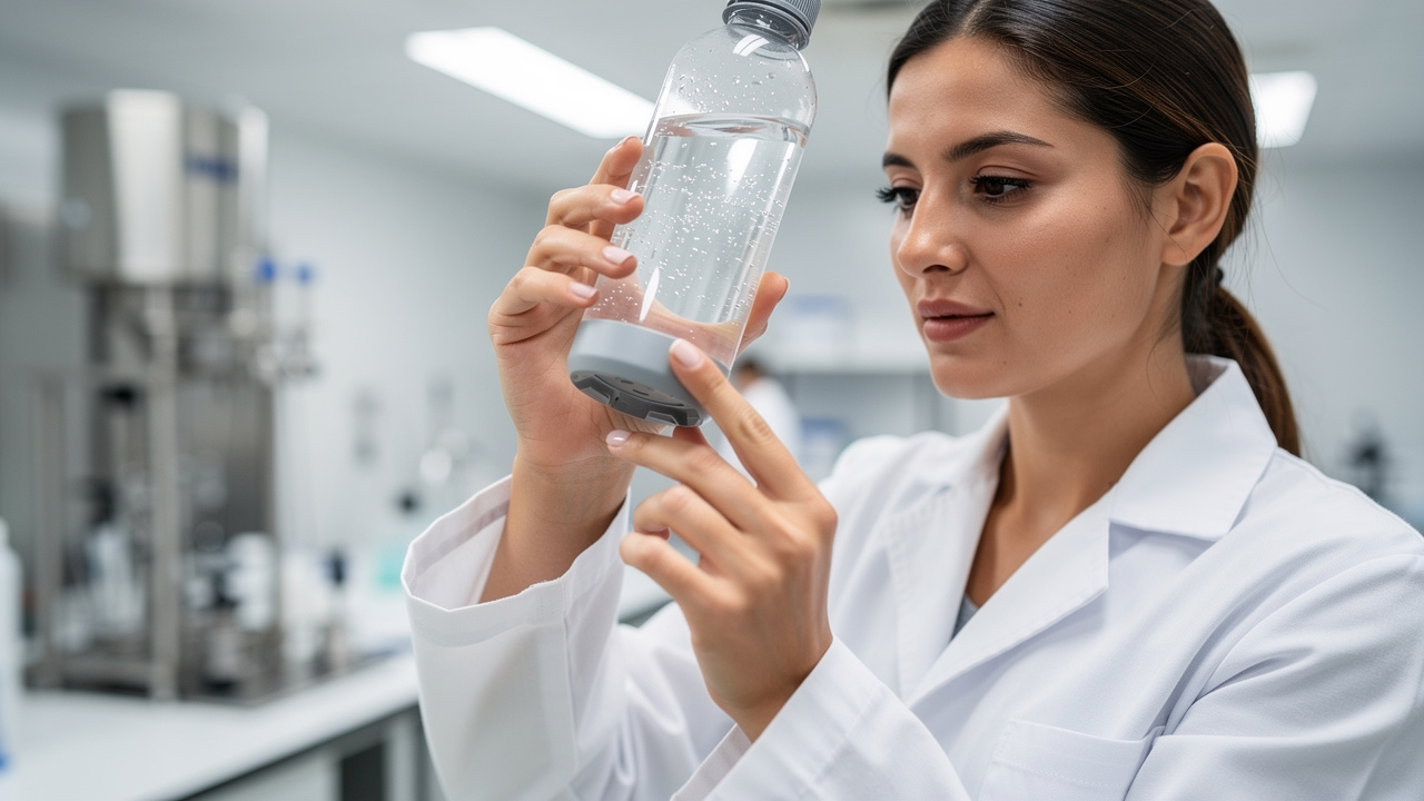 Researcher inspecting hydrogen water bottle safety features
