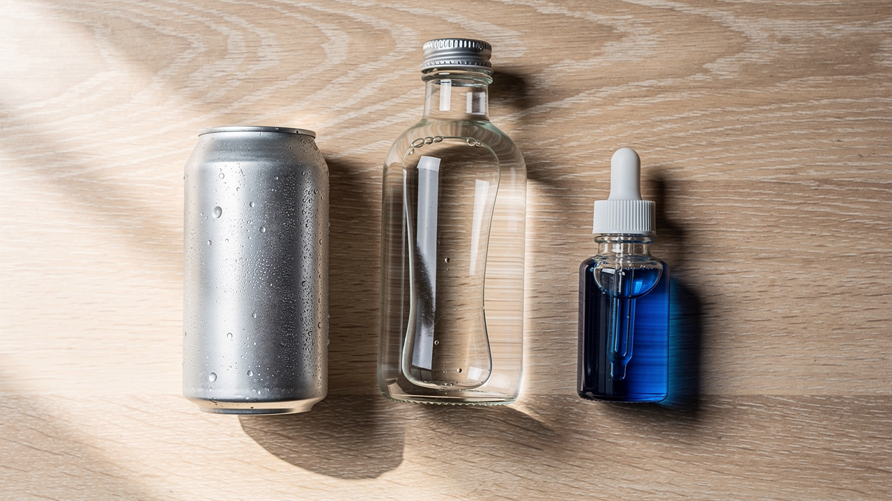 Aluminum can, glass bottle, and hydrogen reagent test drops on a wooden table
