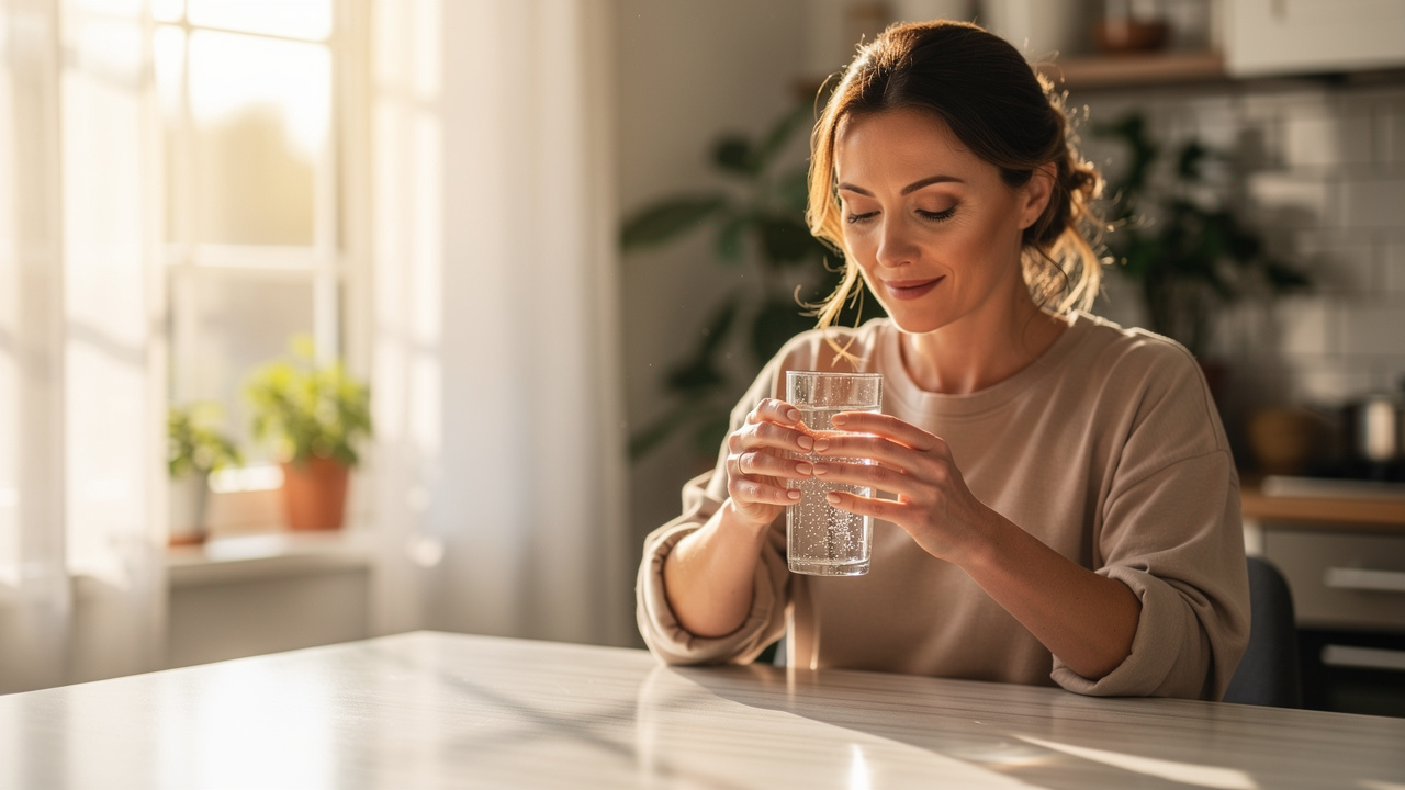 Woman drinking hydrogen water as part of a morning wellness routine