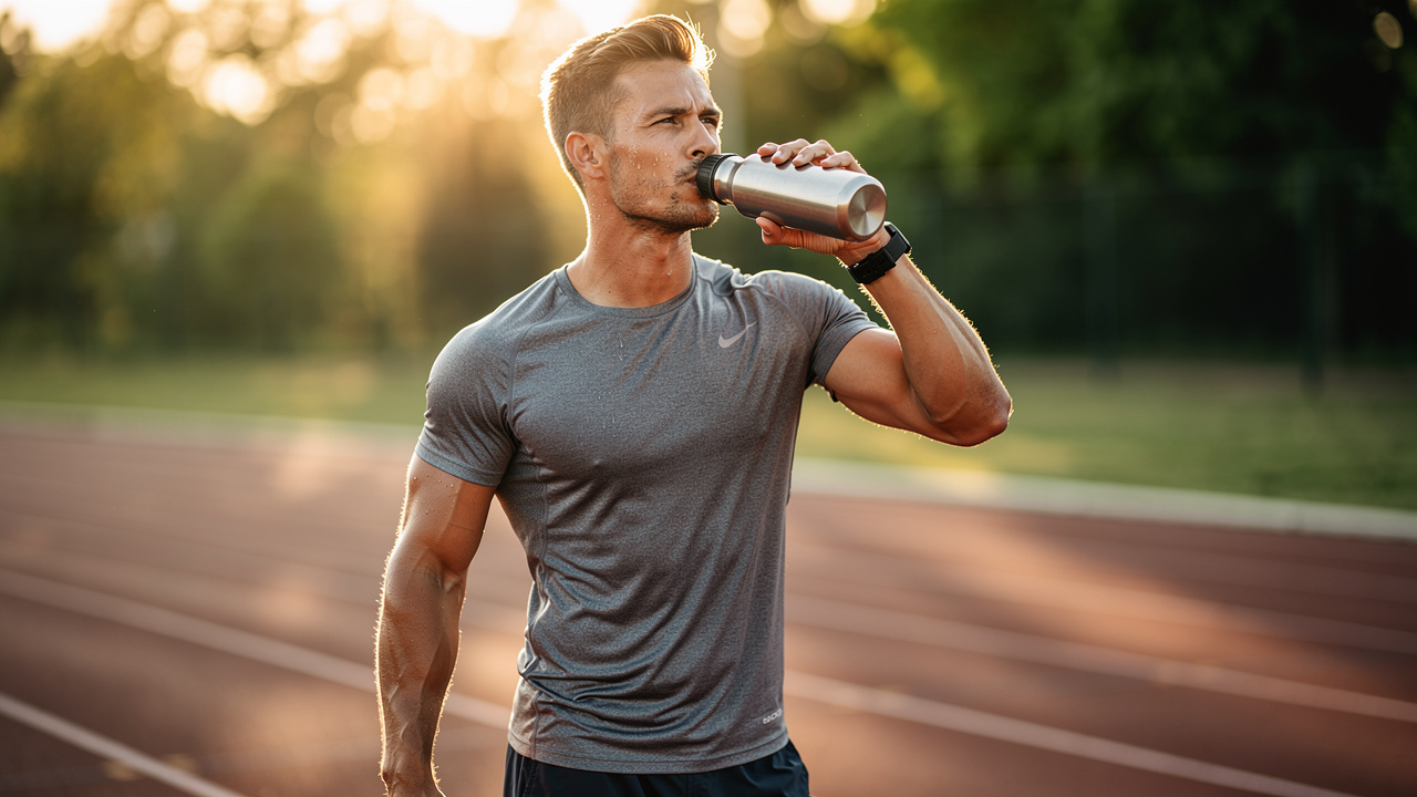 Athlete drinking from a hydrogen water bottle after a workout