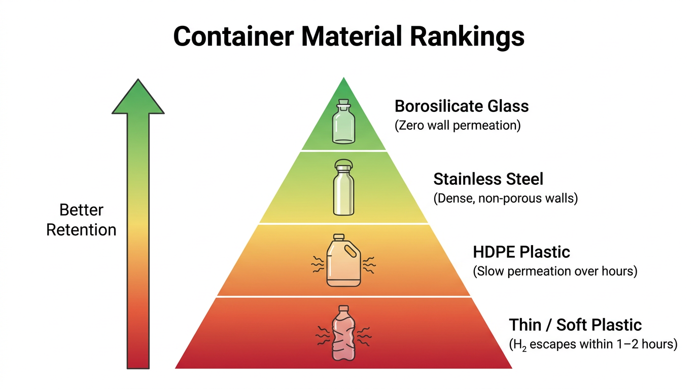 Infographic ranking container materials for hydrogen water retention from best to worst